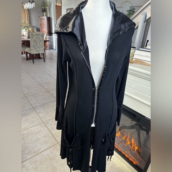 Long Hooded Jacket Goth Satin Lined Silver Zip Up Cardigan Pockets Flare Punk M - Picture 5 of 8